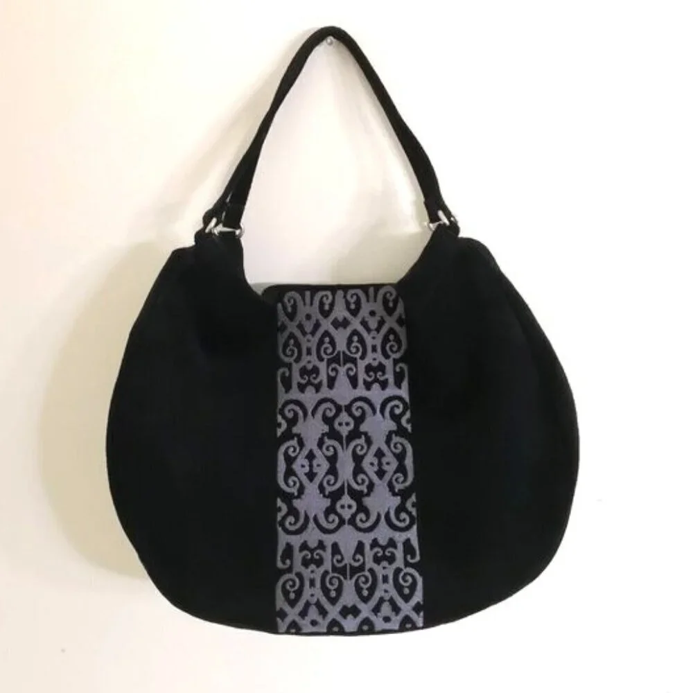 Adrienne Vittadini Boho Embroidered Sued Leather Hobo Bag Black Grey